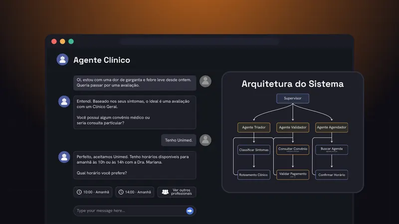 Fluxo de agentes de IA em LangGraph para atendimento de clínica: agente triador, validador de convênio e agendador automático