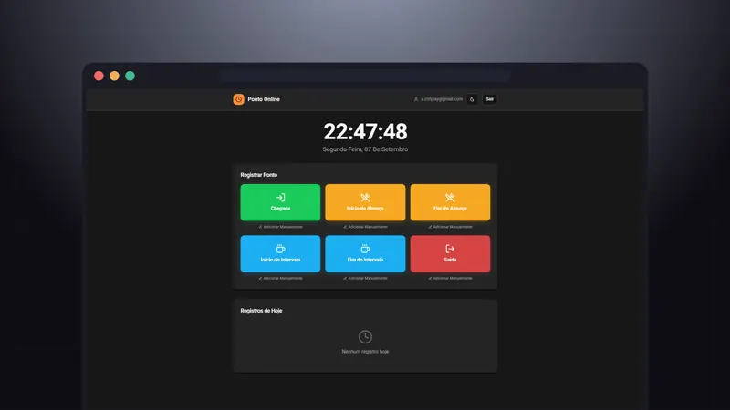 Painel web do sistema Ponto Online: controle de ponto digital com autenticação segura e níveis de acesso por usuário
